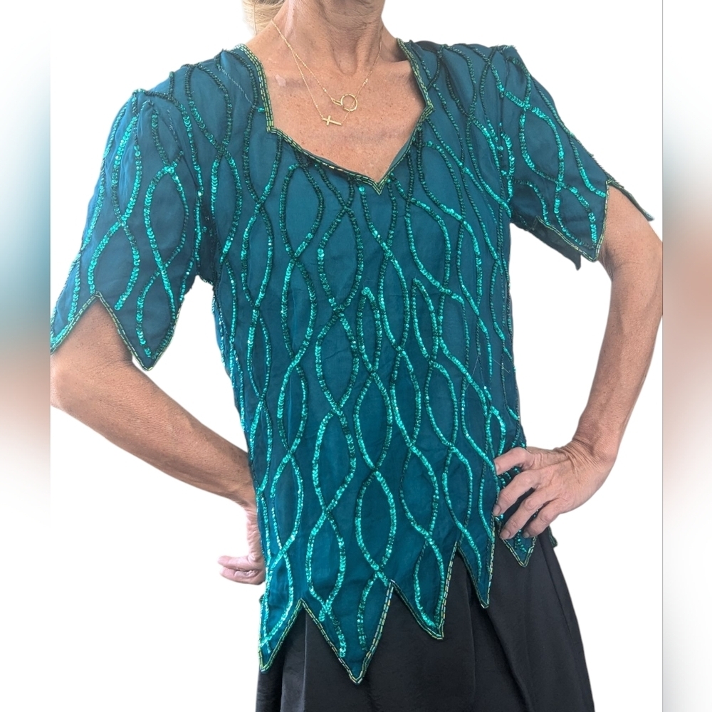 Vintage Laurence Kazar SILK Sequin Beaded Short Sleeve Blouse Top Size M